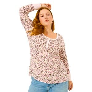 Torrid Size 2X Super Soft Slub Scoop Neck Long Sleeve Floral Pink Henley Top